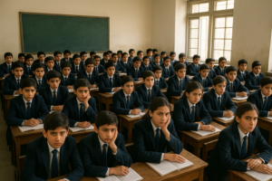 A crowded classroom with many students attending a group lesson where individual attention is limited. City Academy Provides best home tutors in Islamabad for individual attention
