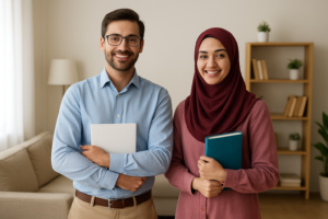 Male and female home tutors standing together and smiling confidently in a friendly home tutoring environment
