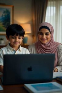 A female home tutor in Islamabad providing home tuition to a child using a laptop for interactive learning and concept clarity.