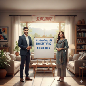 Two smiling home tutors, a male home tutor and a female home tutor, from City Tutors Academy, in a comfortable home setting, with "Home Tutoring - All Subjects!" on a whiteboard.