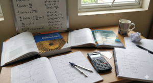 A Level and O Level mathematics study setup with books, calculator, and notes used by expert maths home tutors in Rawalpindi and Islamabad from City Tutors Academy
