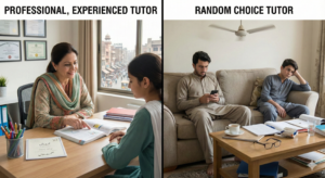 Split image showing a professional home tutor teaching seriously on one side and a non-professional tutor sitting casually and not taking home tuition seriously on the other side