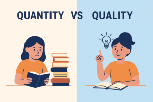  Contrasting study methods for quality education in Islamabad: a stressed girl with many books vs. a happy girl mastering one book.