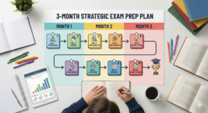 Overhead view of a student's desk featuring a large infographic titled "3-Month Strategic Exam Prep Plan," outlining a flowchart to master 10 study units over 90 days.