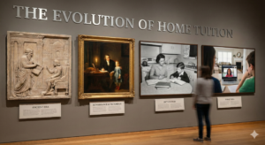 Museum style display showing four stages of the evolution of home tuition from ancient era stone carvings and renaissance private tutors to 20th century home schooling and modern online video classes by City Tutors Academy.