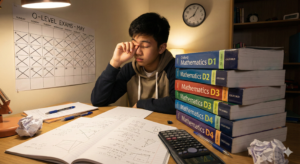 A tired O-Level student rubbing his eyes late at night at a desk, overwhelmed by a huge stack of Oxford Mathematics D1, D2, D3, and D4 textbooks and a wall calendar marked for May exams, illustrating the vast syllabus load.