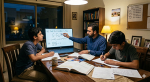 Home tutor in Islamabad teaching two students at a study table using a Dell laptop to explain mathematics equations for upcoming board exams.