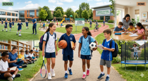 A collage showing children balancing life. Sections include students playing soccer at school, studying in a library, walking with sports equipment and books, an active community park, and a family studying at home with a tutor
