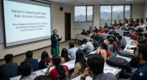 A professional education seminar in Islamabad discussing Pakistan's diplomatic role in global geopolitics, ideal for students seeking home tutors in Islamabad to understand complex international relations.