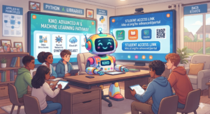 A small group of 4 to 5 primary and secondary school students sitting closely around a table, actively interacting with a small humanoid robot during an artificial intelligence education session.