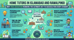 An academic infographic by City Tutors Academy highlighting why true education is the key to success, featuring a map of Islamabad and Rawalpindi surrounded by core tutoring benefits like personalized learning, conceptual clarity, confidence building, and one-on-one attention.