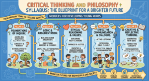 Infographic blueprint of a primary syllabus for Critical Thinking and Philosophy by City Home Tutors Islamabad, detailing five pillars: Foundations of Inquiry, Logic, Ethical Reasoning, Effective Communication, and Creative Reflective Thinking for home tuition students.