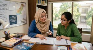 A professional female home tutor in Islamabad gently guiding a young girl through a complex textbook concept in a comfortable, focused home study environment.