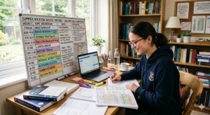 A school student preparing a summer vacation success timetable on a whiteboard for exam preparation, representing top-rated home tutors in Islamabad and Rawalpindi providing personalized online and home tuition. Areas, DHA, Bahria Town, F-10, Satellite Town, F-6, F-7, F-10, F-11 Satellite Town & Saidpur Road
 G-11, G-13, G-14	 Saddar & Cantt Areas
 E-7, E-11, & H-13	 Gulraiz & Askari Housing Schemes