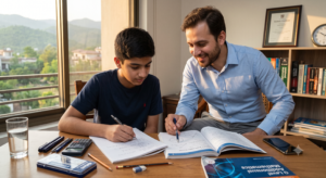 A dedicated male home tutor in Islamabad smiling while guiding a male O Level student through a complex Cambridge Mathematics D problem on a study table