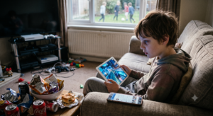 An indoor photo from watermarked_img_7468179327905420209.png showing a young boy slouching on a couch while staring intensely at a tablet screen, surrounded by soda cans and junk food, while other children play soccer outside the window.