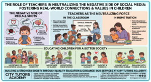 Infographic illustrating the impact of the dopamine loop on Gen Z youth, contrasting the negative effects of social media addiction with the corrective role of classroom teachers and home tutors in fostering empathy, respect for elders, and real-world connection. Includes branding for City Tutors Academy.