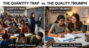 A chaotic, crowded school classroom environment in Islamabad where a single teacher handles dozens of distracted students, illustrating the quantity trap in traditional education