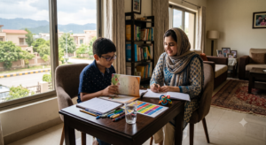 A high-resolution photo taken from the side, capturing a South Asian boy with short dark hair, wearing glasses and a blue button-down shirt, focused on an open Urdu textbook. Beside him, a young woman with a warm expression wears a blue patterned shalwar kameez and a beige hijab while she points at the textbook. Both sit at a dark wooden table in a brightly lit room. On the table are notebooks, colorful pens, a fidget toy, and a color-coded chart. Large windows in the background reveal the tree-lined streets of Islamabad and a dramatic mountain range under a cloudy sky.
