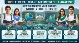 FBISE Federal Board Matric Result Analysis infographic by City Home Tutors, featuring grade improvement strategies and student success stories in Pakistan